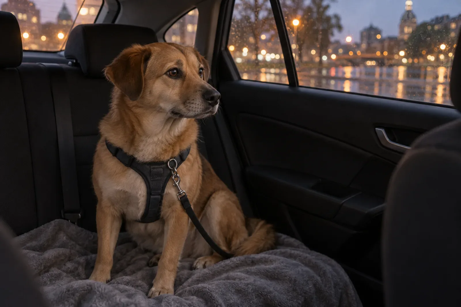 Szintetikus, AI-generált kép: közepes termetű, világosbarna keverék kutya ül egy taxi hátsó ülésén leterített szürke takarón, rövid pórázzal, az ablakon túl elmosódott esti városi fények.