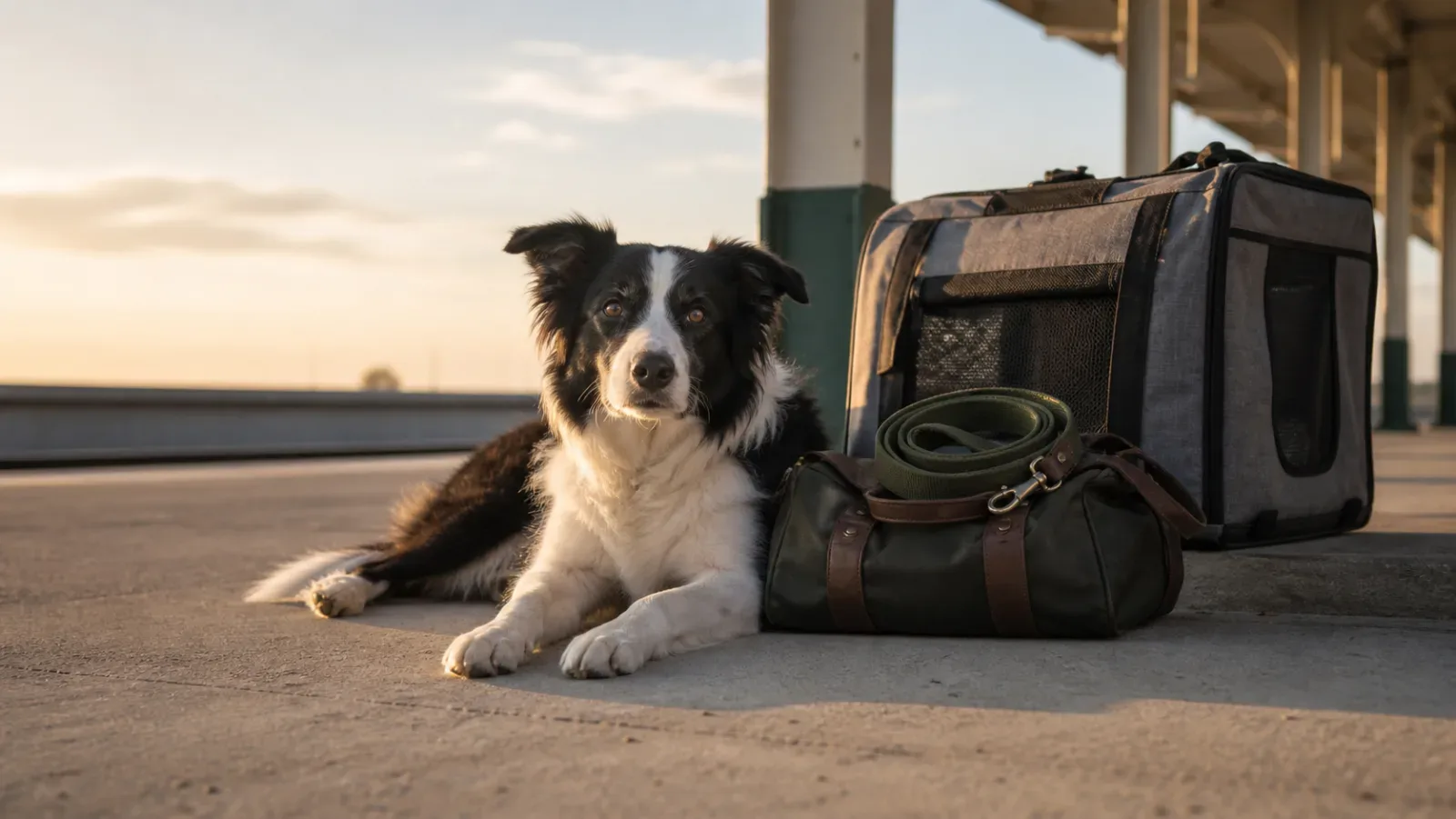 Szintetikus, generált fotó: fekete-fehér border collie jellegű kutya fekszik egy üres vasúti peronon, mellette puha falú szállítóbox, vászontáska és feltekert póráz.