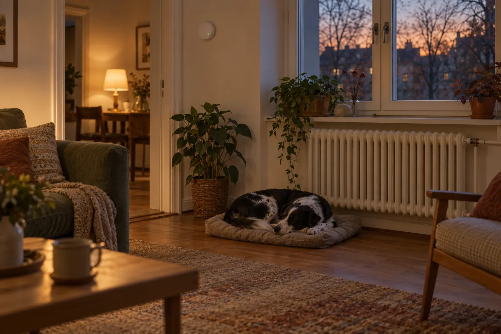 Szintetikus, AI-generált kép: esti, meleg fényű lakásban egy fekete-fehér keverék kutya alszik a padlón egy párnán, kissé távolabb a fehér öntöttvas radiátortól; a falon kis fehér, felirat nélküli kerek érzékelő zöld fénnyel.