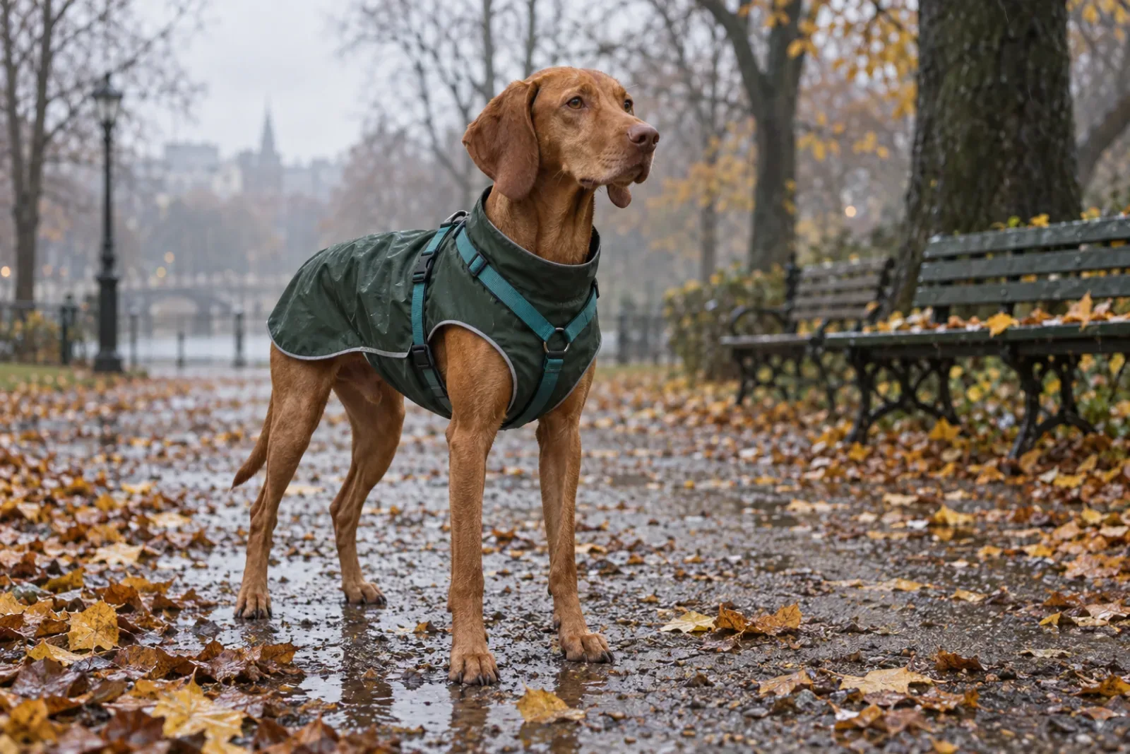 Szintetikus, AI-generált kép: rövid szőrű, karcsú, rozsdabarna vizsla típusú kutya sötétzöld, vízálló, fényvisszaverő szegélyű kutyakabátban és türkiz hámban áll egy nedves, lehullott levelekkel borított városi parkban, borús őszi délutánon.